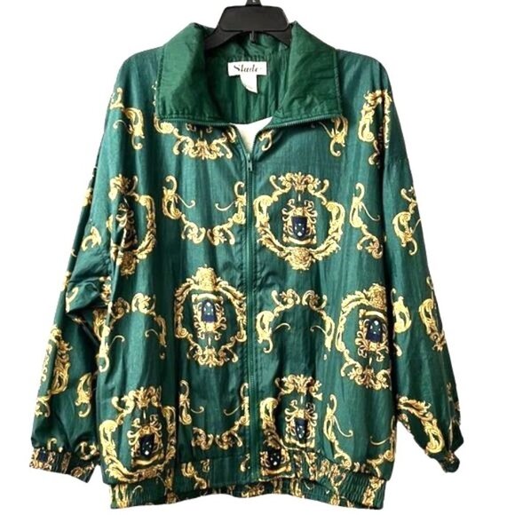 Vintage SLADE Green NYLON ORNATE BAROQUE PRINT LINED WINDBREAKER JACKET NWOT 1X - Picture 2 of 9